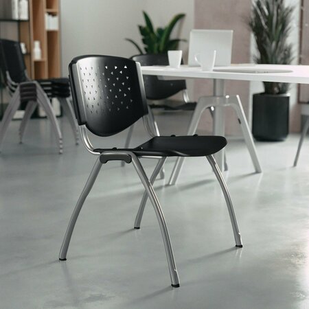 Flash Furniture 5 Pack HERCULES Series 880 lb. Capacity Black Plastic Stack Chair with Titanium Gray Powder Coated Frame 5-RUT-F01A-BK-GG